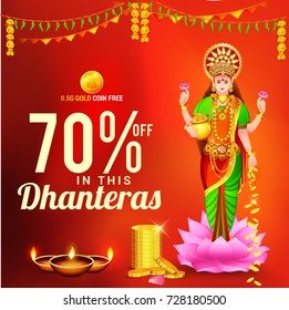A Beautiful Illustration,Poster Or Banner With Goddess Maa Laxmi Of Indian Dhanteras Festival Background.