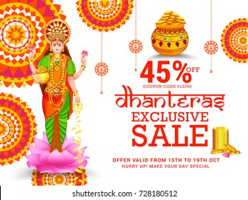 A Beautiful Illustration,Poster Or Banner With Goddess Maa Laxmi Of Indian Dhanteras Festival Background.