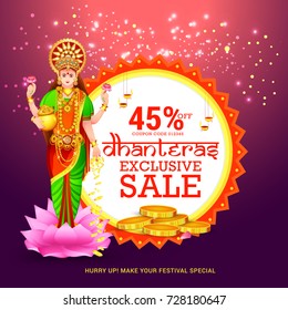 A Beautiful Illustration,Poster Or Banner With Goddess Maa Laxmi Of Indian Dhanteras Festival Background.
