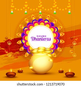 A beautiful illustration,poster or banner with golden shiny pot filled with gold coins of indian dhanteras diwali festival celebration background. Shubh dhanteras.