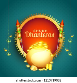 A beautiful illustration,poster or banner with golden shiny pot filled with gold coins of indian dhanteras diwali festival celebration background. Shubh dhanteras.