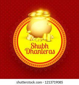 A beautiful illustration,poster or banner with golden shiny pot filled with gold coins of indian dhanteras diwali festival celebration background. Shubh dhanteras.