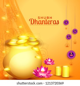 A beautiful illustration,poster or banner with golden shiny pot filled with gold coins of indian dhanteras diwali festival celebration background. Shubh dhanteras.