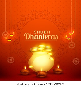 A beautiful illustration,poster or banner with golden shiny pot filled with gold coins of indian dhanteras diwali festival celebration background. Shubh dhanteras.