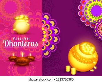 A beautiful illustration,poster or banner with golden shiny pot filled with gold coins of indian dhanteras diwali festival celebration background. Shubh dhanteras.