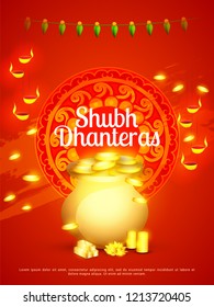 A beautiful illustration,poster or banner with golden shiny pot filled with gold coins of indian dhanteras diwali festival celebration background. Shubh dhanteras.