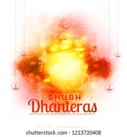 A beautiful illustration,poster or banner with golden shiny pot filled with gold coins of indian dhanteras diwali festival celebration background. Shubh dhanteras.