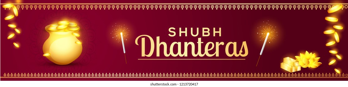 A beautiful illustration,poster or banner with golden shiny pot filled with gold coins of indian dhanteras diwali festival celebration background. Shubh dhanteras.