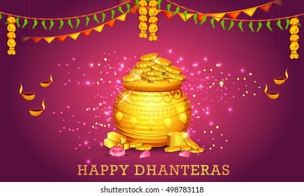 A beautiful illustration,poster or banner with golden shiny pot filled with gold coins of indian dhanteras diwali festival celebration background.Happy dhanteras