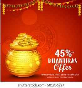 A beautiful illustration,poster or banner with golden shiny pot filled with gold coins for indian festival of dhanteras diwali celebration background.Happy dhanteras