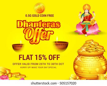 A beautiful illustration,poster or banner with golden shiny pot filled with gold coins of indian dhanteras diwali festival celebration background.Happy dhanteras