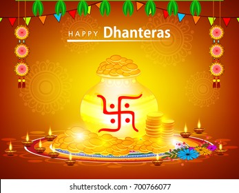 A beautiful illustration,poster or banner with golden shiny pot filled with gold coins for Indian  festival celebration background with Golden diya and text of Happy dhanteras