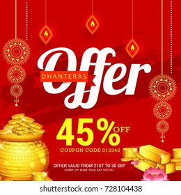 A beautiful illustration,poster or banner with golden shiny pot filled with gold coins of indian dhanteras diwali festival celebration background. Shubh dhanteras.