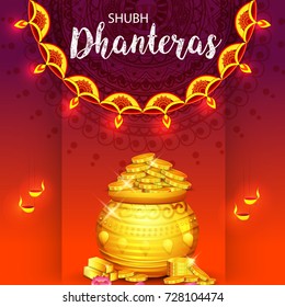 A beautiful illustration,poster or banner with golden shiny pot filled with gold coins of indian dhanteras diwali festival celebration background. Shubh dhanteras.