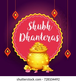 A beautiful illustration,poster or banner with golden shiny pot filled with gold coins of indian dhanteras diwali festival celebration background. Shubh dhanteras.