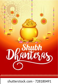 A beautiful illustration,poster or banner with golden shiny pot filled with gold coins of indian dhanteras diwali festival celebration background. Shubh dhanteras.