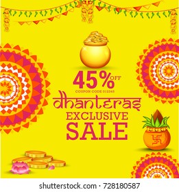 A beautiful illustration,poster or banner with golden shiny pot filled with gold coins of indian dhanteras diwali festival celebration background. Shubh dhanteras.
