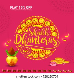 A beautiful illustration,poster or banner of indian dhanteras diwali festival celebration background. Shubh dhanteras.