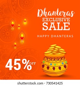 A beautiful illustration,poster or banner of indian dhanteras diwali festival celebration background. Shubh dhanteras.