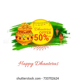 A beautiful illustration,poster or banner of indian dhanteras diwali festival celebration background.