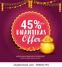 A beautiful illustration,poster or banner with shiny golden pot filled with gold coins of indian dhanteras diwali festival celebration background.Happy dhanteras