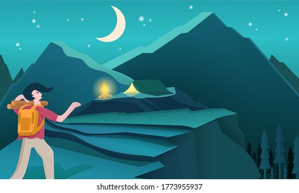 Beautiful illustrations of hiking and camping in new normal. someone was climbing a mountain during the night of the concept, graphic design flat