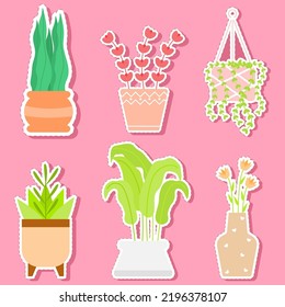 Hermosas ilustraciones del conjunto de plantas interiores. Pegatinas vectoriales.