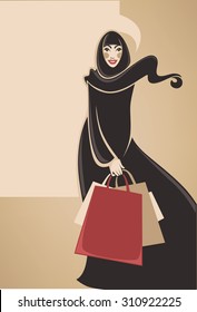 beautiful image of Arabic Muslim woman doing shopping, vector illustration