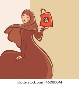 beautiful image of Arabic Muslim woman doing shopping, vector illustration