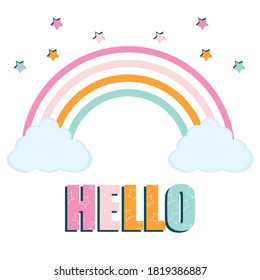 Beautiful image with  colorful rainbow with clouds and stars. Vector  illustration. Perfect for greeting cards, party invitations, posters, stickers, pin, scrapbooking, icons.