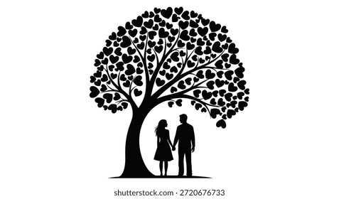 Ein schönes Bild mit einem Paar und einem herzförmigen Baum, in einem eindrucksvollen Silhouettenstil gerendert.