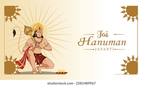 A beautiful image of Lord Hanuman kneeling with his mace, surrounded by lotus flowers. The radiant sunburst behind him symbolizes his divine power and devotion