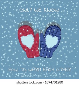 A beautiful image, a postcard for Valentine's Day on February 14 with red and blue mittens(gloves) in which hearts lie on a blue background.