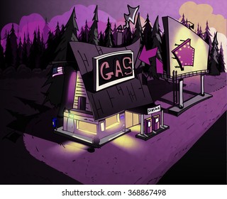 Beautiful image of roadside gas station/landscape sunset in the wood/Cartoon gas station and billboard with a purple  arrow(VECTOR ILLUSTRATION EPS10)