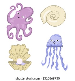 beautiful image of sea inhabitants of jellyfish and octopus with shells and pearls isolated on white background