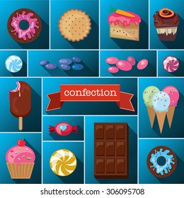 Beautiful images of a variety of sweets. Delicious desserts, vector images, lots of different items.