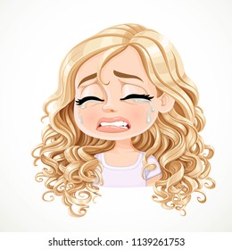 Beautiful inconsolably crying cartoon blond girl with magnificent curly hair portrait isolated on white background