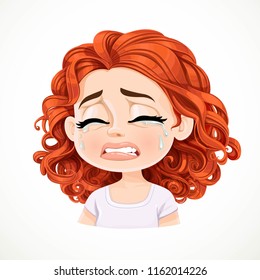 Beautiful inconsolably crying cartoon brunette girl with dark red hair portrait isolated on white background