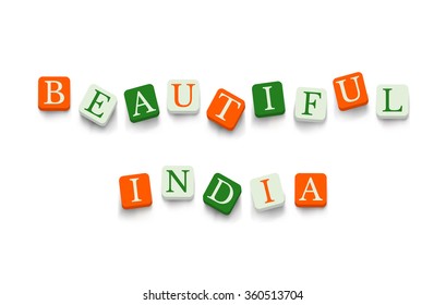 Beautiful India with colorful blocks isolated on a white background. National flags colors typography banner poster design. Indian Republic Day celebration