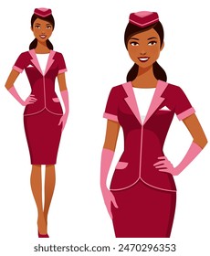 beautiful Indian air hostess wearing an elegant uniform and hat. Plane stewardess with a friendly smile. Cartoon character, isolated on white. Hand-drawn vector illustration.