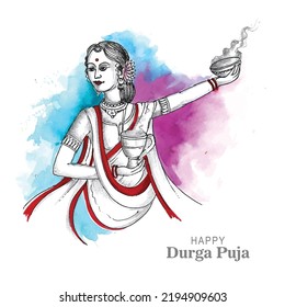 Beautiful indian bengali woman is dancing   holding dhunuchi in both hands sketch design