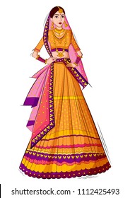 Beautiful Indian Bride in ethnic dress Lengha for wedding Day. Vector illustration