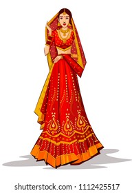 Beautiful Indian Bride in ethnic dress Lengha for wedding Day. Vector illustration