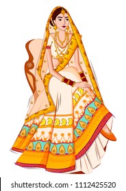 Beautiful Indian Bride in ethnic dress Lengha for wedding Day. Vector illustration