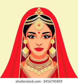 Beautiful Indian bride in red dress. Vector illustration