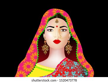 Beautiful indian brunette young woman in colorful sari with luxury gold jewelry. Bollywood star traditional fashion. Precious Wedding bride's outfit. Vector illustration isolated or black background 