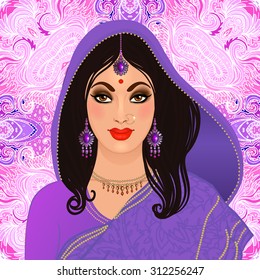 Beautiful indian brunette young woman in colorful sari. Bollywood star traditional fashion. Wedding bride's outfit.