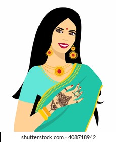 Beautiful Indian brunette young woman in sari. Hands with mehndi pattern isolated on white background