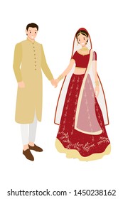 beautiful Indian couple bride and groom in traditional wedding sari dress eps10 vectors illustration