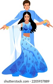 Beautiful Indian couple bride and groom dancing in light blue suits at the wedding Vector